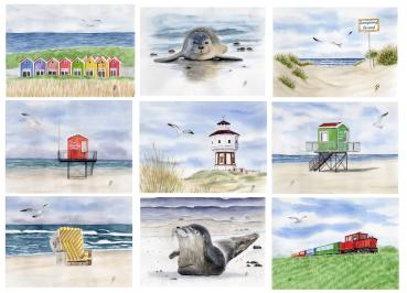 Poster DIN-A4 Aquarell Maritim Kunst Druck Kunstdruck Nordsee Strandkorb Leuchtturm Insel Langeoog Meer Strand Dünen